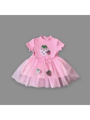 Omarı Trendy Çilek Desenli Bebek Elbisesi Pembe