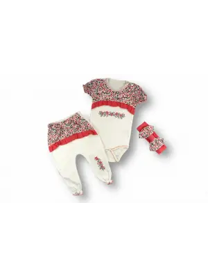 Omarı Trendy Mimoza Desenli Bandanalı Kız Bebek 3lü Takım