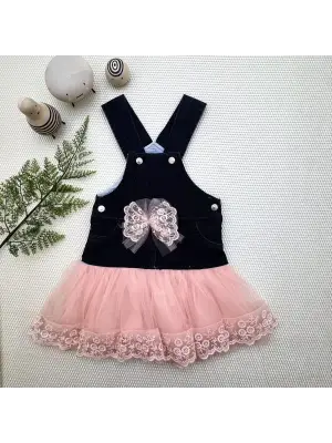 Omarı Tül Etekli Fiyonk Detaylı Kız Çocuk Salopet Elbisesi - Siyah-Pudra