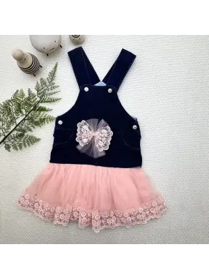 Omarı Tül Etekli Tül Salopet Kız Çocuk Elbisesi Lacivert-Pudra