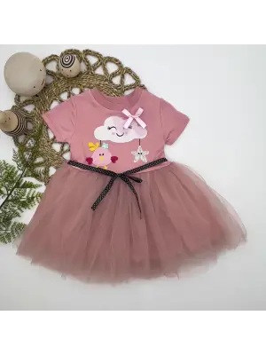 Omarı Tül Tokalı Bulut Civciv ve Yıldız Nakışlı Bebek Elbisesi