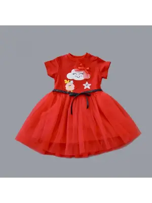 Omarı Tül Tokalı Kırmızı Kız Bebek Elbisesi