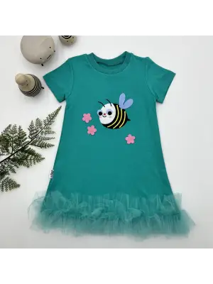 Omarı Turkuaz Kız Çocuk Eteği Fırfırlı Jile Elbise