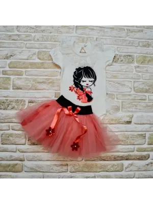 Omarı Tütü Etekli Kız Bebek Takımı Nar Çiçeği