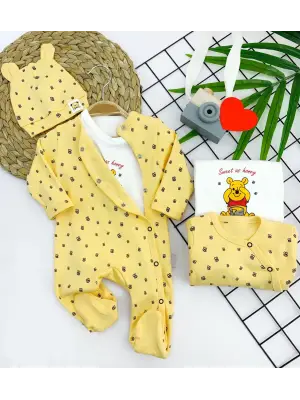 Omarı Unisex Pooh Desenli 3lü Bebek Tulum Seti