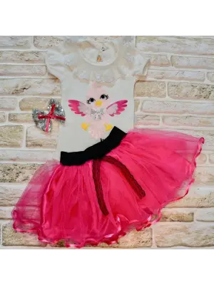 Omarı Uzun Kollu Tütü Etekli Kuş Desenli Bebek Kız Takımı - Fuşya