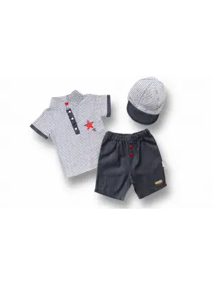 Omarı Vip Yaka Şapkalı Erkek Bebek Takımı Gri