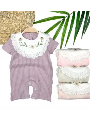 Omarı Yaka Çiçek Nakışlı Pamuklu Kız Bebek Yazlık Tulum