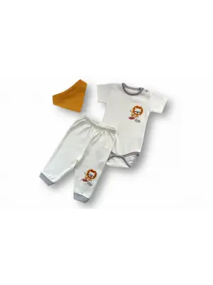 Omarı Yavru Aslan Nakışlı Bandajlı Erkek Bebek Takımı Ekru