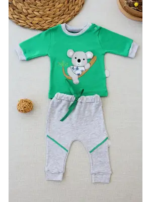 Omarı Yavru Koala Nakışlı Uzun Kollu Bebek Sweat Takımı - Yeşil