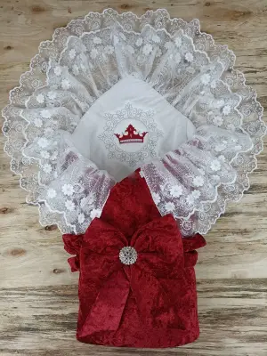 Omarı Yenidoğan Bebek İnci Fiyonklu Dantelli Kundak Battaniyesi - Bordo