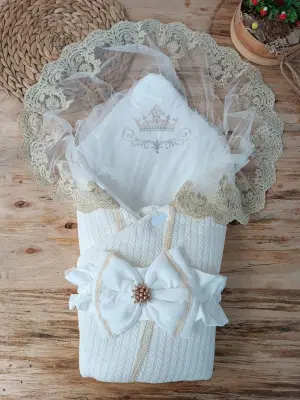 Omarı Yenidoğan Ekru Örgülü Trilüx Bebek Battaniyesi