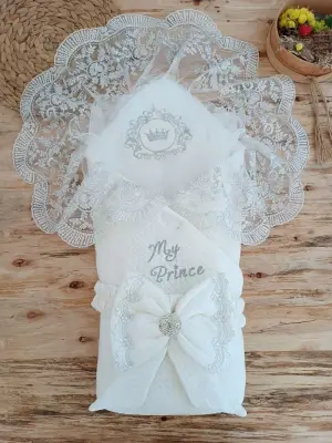 Omarı Yenidoğan Nakışlı Trilüks Kundak Bebek Battaniyesi - Ekru