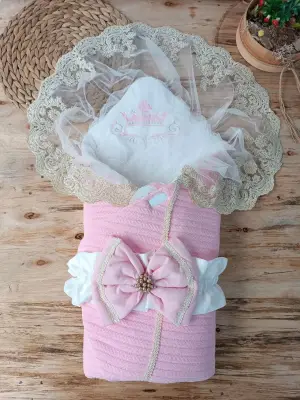 Omarı Yenidoğan Örgülü Trilüx Bebek Battaniyesi Kundak Pembe