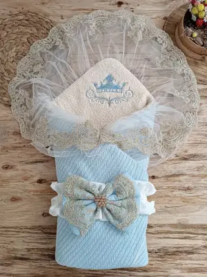 Omarı Yenidoğan Unisex Taç Nakışlı Kundak Battaniyesi Mavi