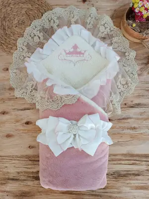 Omarı Yenidoğan Wool Yün Kumaş Güpür Duvaklı Battaniye - Pembe