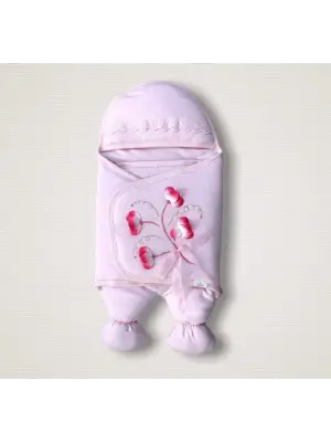 Omarı Yenidoğan Yapay Çiçek İşlemeli Lüks Bebek Battaniyesi Pembe