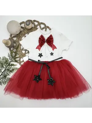 Omarı Yıldız Nakışlı Astarlı Tütü Elbisesi Ekru