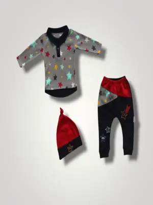 Omarı Yıldızlar Baskılı Uzun Kollu 3lü Bebek Takımı