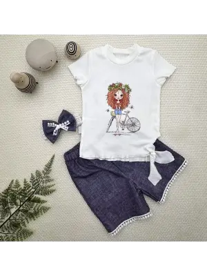 Omarı Yıldızlı Bandanalı Kot Şort ve Tişört 3lü Kız Bebek Takımı