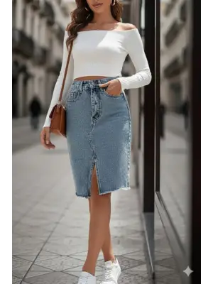 Omarı Yırtık Kenar Detaylı Kot Etek