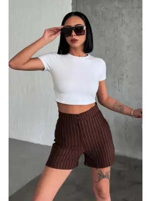 Omarı Yüksek Bel Krep Esnek Çizgili Şort Kahverengi