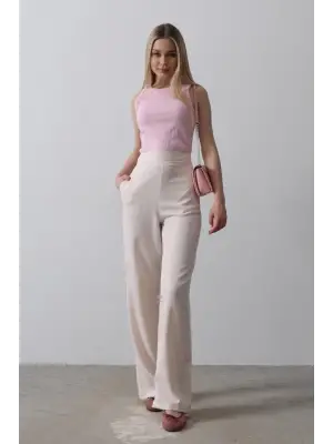 Omarı Yüksek Bel Yarım Lastikli Palazzo Pantolon - Pudra Renkli
