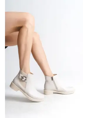 Omarı Yüksek Topuklu Rahat Tabanlı Kadın Bot - Krem