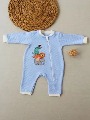 Omarı Yumuşak Kumaşlı Animal Nakışlı Bebek Tulumu Mavi