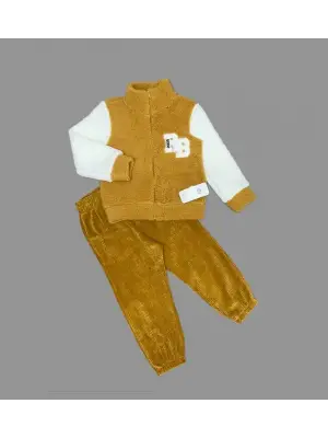 Omarı Yumuşak Kuzu Kumaşlı Sweat Pantolonlu Çocuk Takımı - Hardal