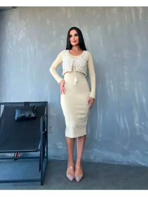 Omarı Zarif Midi Elbise ve Dantel Yelek İkili Takım