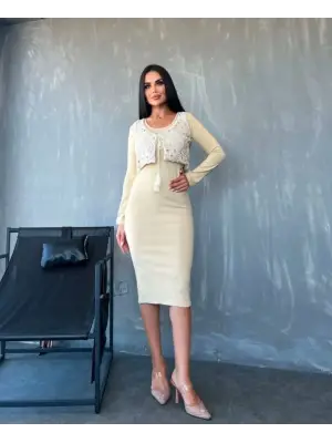 Omarı Zarif Midi Elbise ve Dantel Yelek İkili Takım