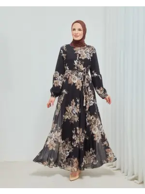 Omarı Zarif Yaprak Desenli Uzun Boy Astarlı Şifon Elbise