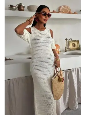 Omuz Detaylı Püsküllü Triko Elbise Kadın Giyim