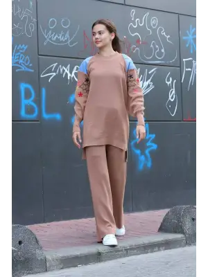 Omuz Detaylı Kol Nakışlı İkili Alt Üst Triko Takım Vizon Kadın Giyim