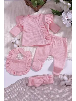 Omuzdan Fırfır Detaylı 5 Parça %100 Pamuk Kız Hastane Çıkışı