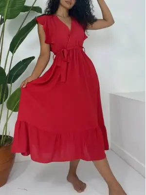 Omuzları Fırfırlı Sıfır Kol Beli Lastikli Bağcıklı Ayrobin Elbise -Kırmızı