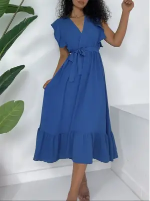 Omarı Kadın Sıfır Kol Fırfırlı Elbise - Koyu Mavi