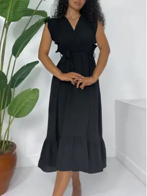 Omarı Fırfırlı Beli Lastikli Bağcıklı Elbise - Siyah