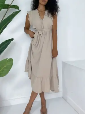 Omuzları Fırfırlı Sıfır Kol Beli Lastikli Bağcıklı Ayrobin Elbise -Vizon