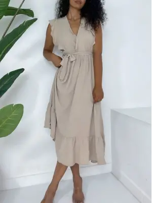 Omarı Fırfırlı Bağcıklı Vizon Elbise