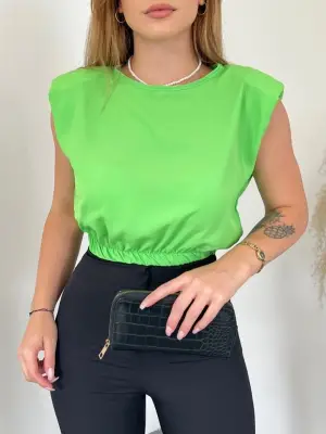 Omuzları Vatkalı Beli Lastikli  Bluz -A.Yeşil