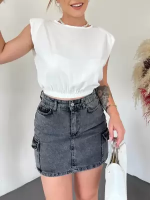 Omuzları Vatkalı Beli Lastikli  Bluz -Beyaz