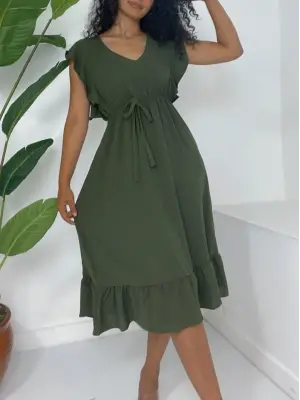 Omuzu Fırfırlı Beli Lastikli Sıfır Kol Midi Boy Ayrobin Elbise  -Haki