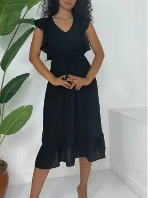 Omuzu Fırfırlı Beli Lastikli Sıfır Kol Midi Boy Ayrobin Elbise -Siyah