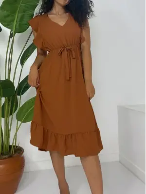 Omuzu Fırfırlı Beli Lastikli Sıfır Kol Midi Boy Ayrobin Elbise  -Taba