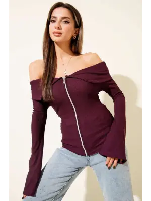 Omzu Açık Fermuarlı Bluz Mürdüm T4330