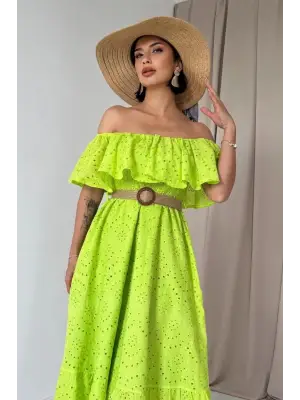 Omarı Omzu Lastikli Yeşil Brode Elbise