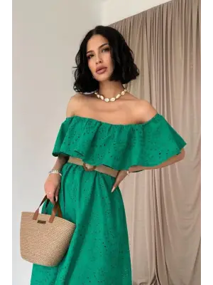 Omarı Yeşil Omzu Lastikli Brode Elbise