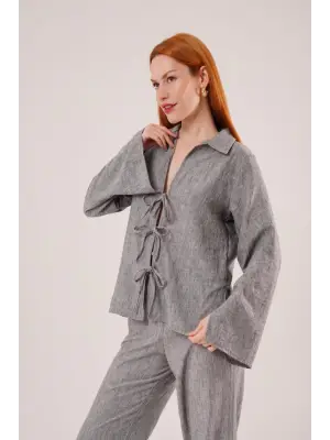 Omarı Antrasit İkili Takım Ön Bağlama Detaylı Pantolon ve Gömlek